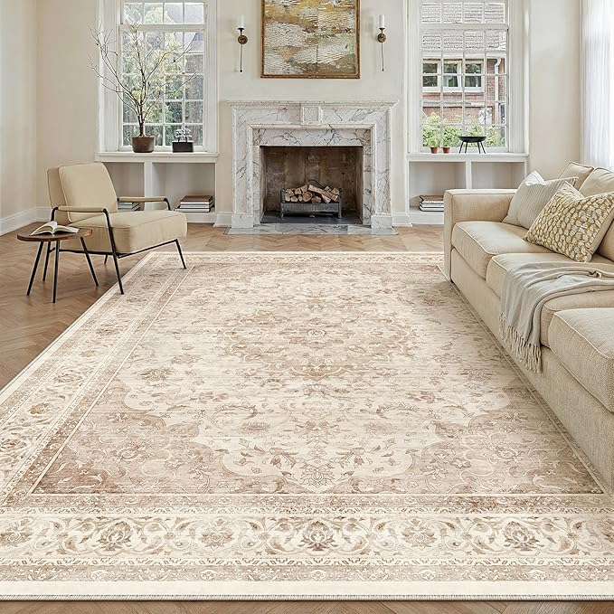 9x12 Beige Washable Vintage Area Rug for Living Room Bedroom Soft Tranditional Non Slip Large Throw Rug Lightweight Floral Low Pile Distressed Carpet Office Playroom Home Decor