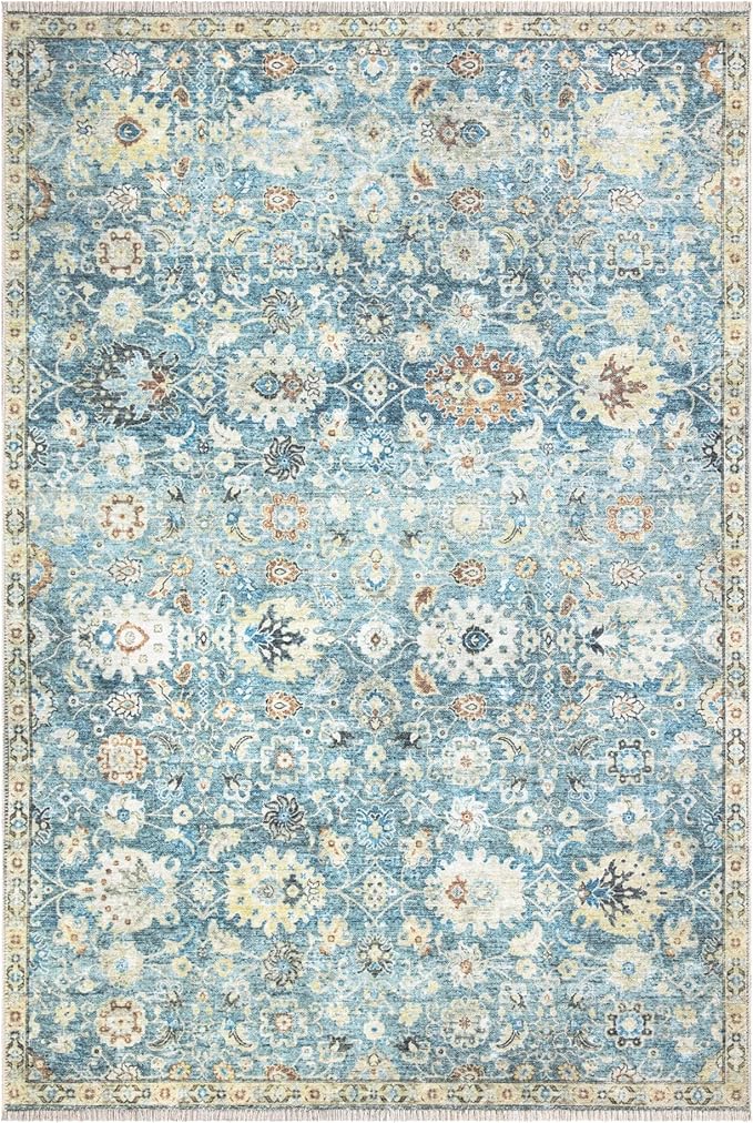 Bloom Rugs Caria Washable Non-Slip 8x10 Rug - Blue/Beige Traditional Area Rug for Living Room, Bedroom, Dining Room, and Kitchen - Exact Size: 7'8" x 10'