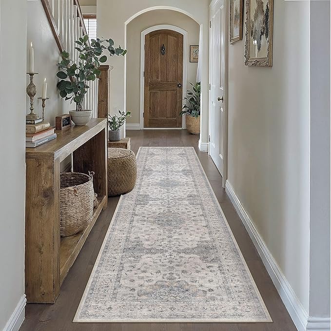 HUGEAR Machine Washable Hallway Runner Rugs 3x10 Vintage Blue Neutral Style Non Slip Stain Resistant Low Pile Throw Carpet for Bedroom Kitchen Retro Aesthetic Modern Decor