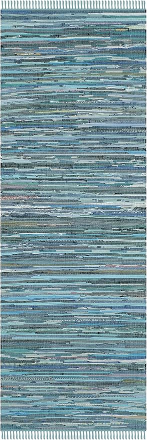 SAFAVIEH Rag Rug Collection Runner Rug - 2'3" x 14', Blue & Multi, Handmade Boho Stripe Cotton, Ideal for High Traffic Areas in Living Room, Bedroom (RAR121B)