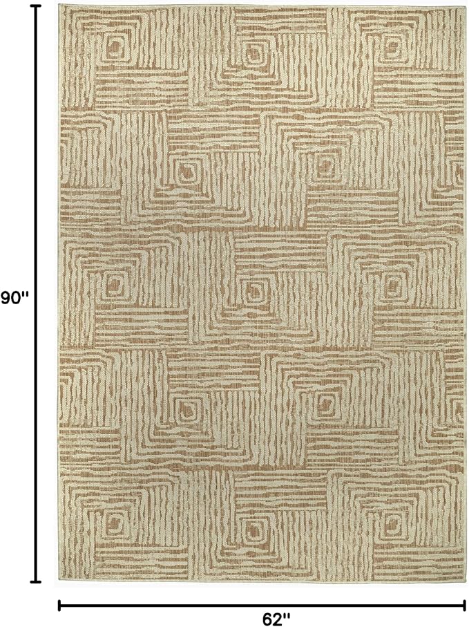 FH Home Flat Woven Outdoor Rug - Waterproof, Easy to Clean, Stain Resistant - Premium Polypropylene Yarn - Modern Geometric - Patio, Porch, Deck, Balcony - Budapest - Beige - 5ft 2in x 7ft 6in