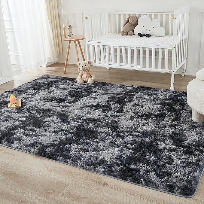 Andency Soft Area Rugs for Living Room Bedroom, 4x6 Non-Slip Fluffy Shag Carpet, Indoor Floor Fuzzy Shaggy Living Room Plush Rug for Kids Dorm Nursery Home Decor Aesthetic, Tie-Dyed Dark Grey
