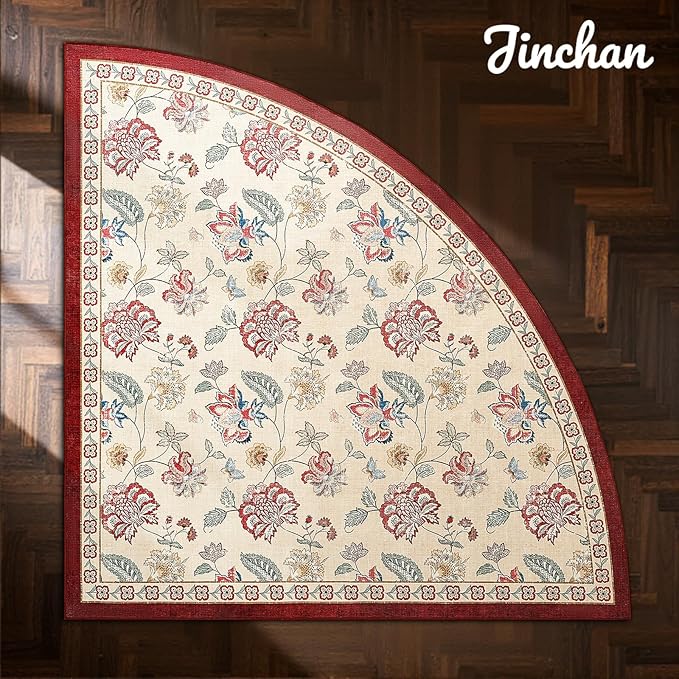 jinchan Elora Floral Corner Rug for Living Room Washable Bedroom Rug Vintage Romance Design Non Slip Quarter Circle Lightweight Low-Pile Throw Carpet for Reading Nook Playroom,7ft Radius, Red/Beige