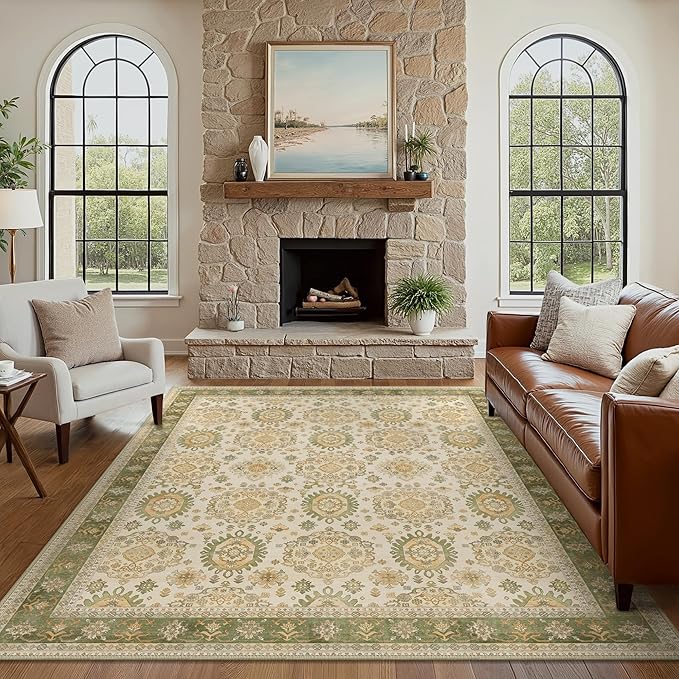 5x7 Area Rug Machine Washable Boho Rug for Living Room,Ultra-Thin Low Pile Carpet,Lightweight Indoor Printed Rug,Non Slip Floral Area Rug for Bedroom, Dining Room, Home Office,Green