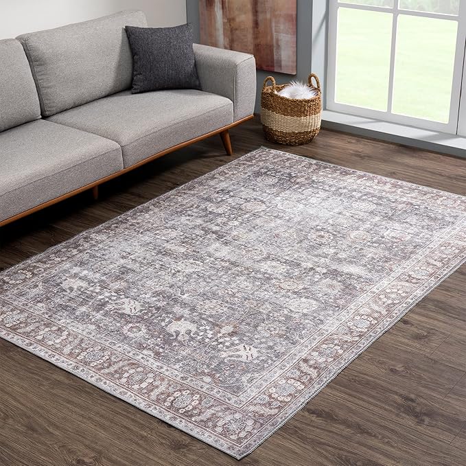 Bloom Rugs Washable 3' x 5' Rug - Brown/Dark Gray Traditional Area Rug for Living Room, Bedroom, Dining Room, and Kitchen - Exact Size: 3' x 5'
