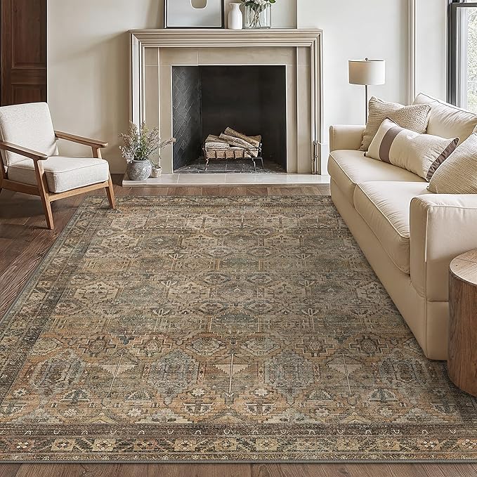Bavni Washable Rug 9x12 Area Rug for Living Room Bedroom Dining, Washable Vintage Print Carpet, Ultra-Thin Chenille Low Pile Lightweight Rug with Non Slip Backing, Warm Taupe