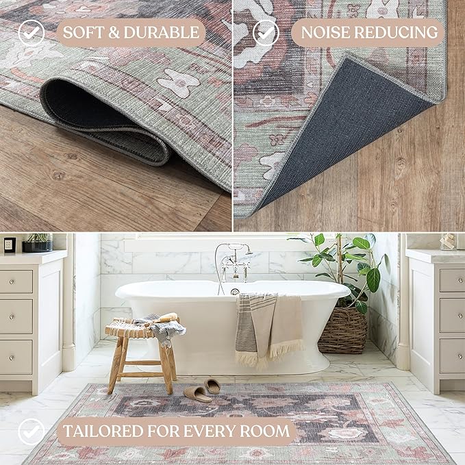 Fame Living Green Oushak Rug, Modern Rugs, Vintage, Turkish, Eclectic, Floral, Pastel, Washable, Small Throw, Accent Area Rug for Living Room, Bedroom, Kitchen, Bathroom, 2'5"x4'9"
