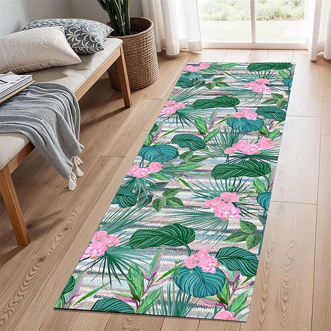 Tropical Runner Rug 3.3x10 ft - Floral & Leaf Print, Pink Flowers & Greenery - Non-Slip Easy Clean - Hallway, Living Room, Bedroom - Bohemian Watercolor Style