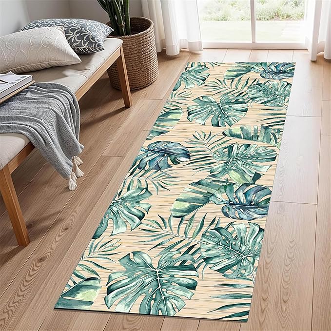 Tropical Palm Leaf Runner Rug 2x7 ft - Green Plant Pattern Non-Slip Rug, Stain Resistant Easy Clean for Hallway, Living Room, Bedroom Floor Mat