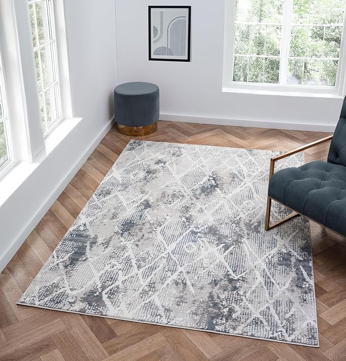 Adel Modern Area Rug for Living Room, 4x6 Rustic Distressed Abstract Blue Rug, Medium Pile Stain Resistant Carpet for Bedroom, Dining Room or Kitchen (4' x 6', Blue)