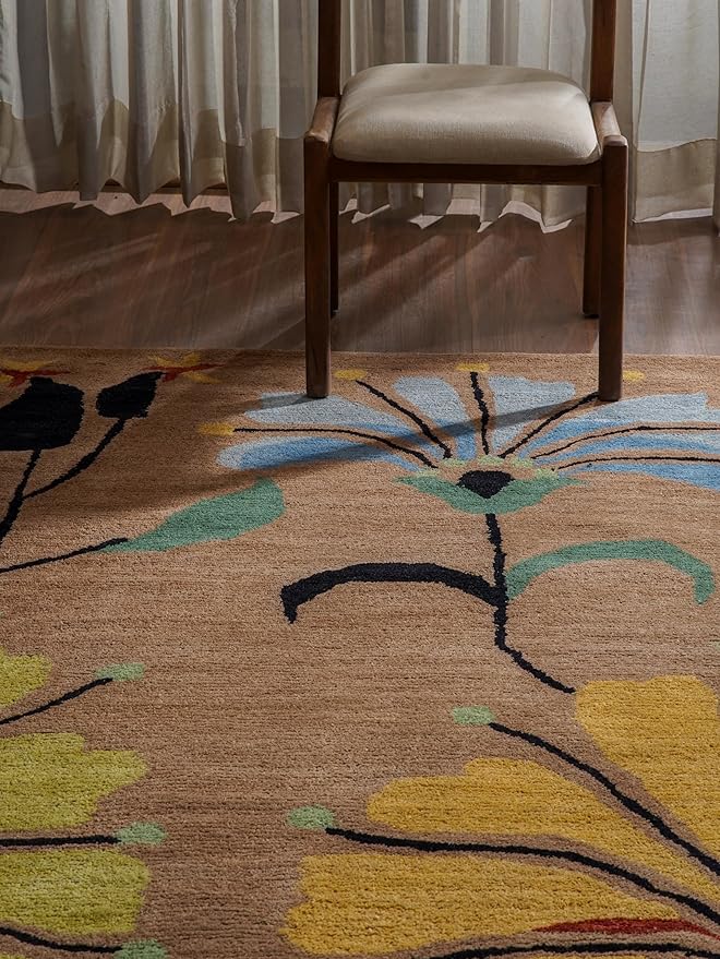 Rugsotic Carpets Hand Tufted Wool ECO-Friendly Area Rugs - 8'x10', Rectangle Shape, Camel, Floral Modern Design, High Pile Thick Handmade Anti Skid Area Rugs for Living Room, Bed Room (K00219)