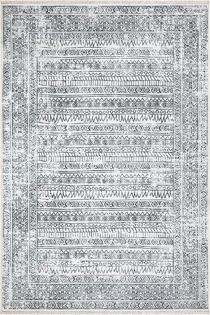 Bloom Rugs Caria Washable Non-Slip 5x7 Rug - Ivory/Black Geometric Area Rug for Living Room, Bedroom, Dining Room, and Kitchen - Exact Size: 5' x 7'