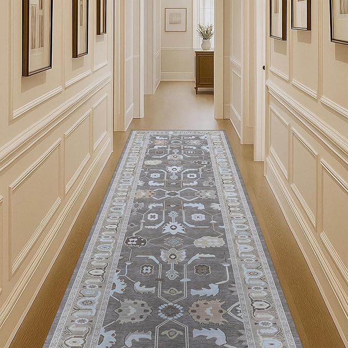 Brown Oushak Runner Rug, Modern Runners, Vintage, Turkish, Eclectic, Floral, Pastel, Washable, Long Runner Rugs for Hallway, Kitchen, Living Room, Bedroom, Kitchen, Bathroom, 2'5"x13'