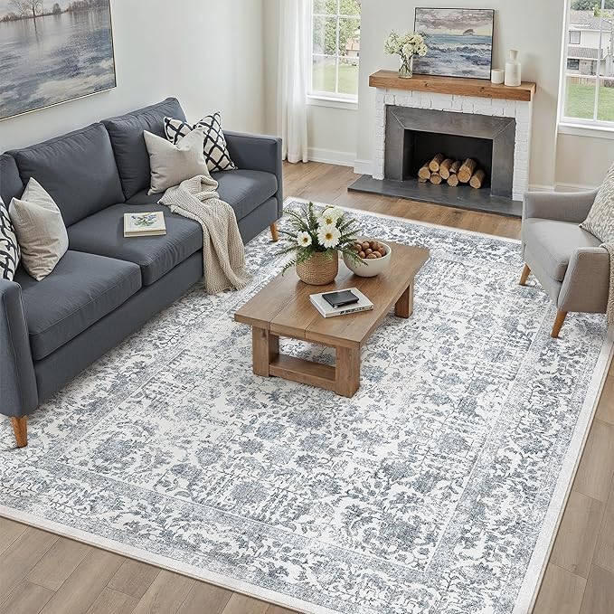 Navy Blue Area Rug 8x10 Machine Washable Large Vintage Living Room Distressed Non Slip Carpet Traditional Indoor Bedroom Retro Floral Accent Throw Rug for Office Kitchen Dining Room