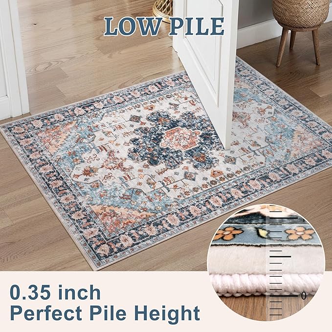 Tangsoo 2x6 Washable Runner Rug for Hallways, Non Slip Vintage Rugs, Soft Low Pile, Print Distressed Blue/Orange Carpet Runners for Kitchen Bedroom Entryway Bathroom Living Room
