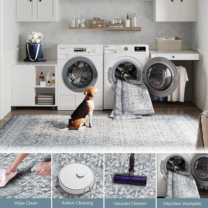 jinchan Floral Runner Rug 2x5 - Machine Washable Grey Vintage Distressed Design Soft Non-Slip Low-Pile Ultra-Thin Runner Rug for Kitchen Hallway Laundry Room Entryway Farmhouse (2‘x5', Grey)