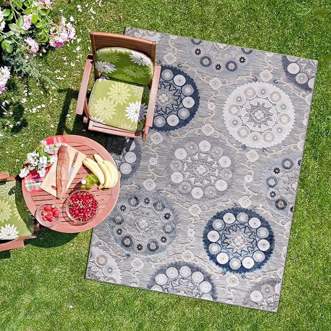 CAMILSON Indoor Outdoor Rug 5x7 Bohemian Medallion Floral Area Rugs for Indoor and Outdoor Patios Easy-Cleaning Non-Shedding Living Room Garden and Kitchen Washable Outside Carpet (5 x 7 / Blue)