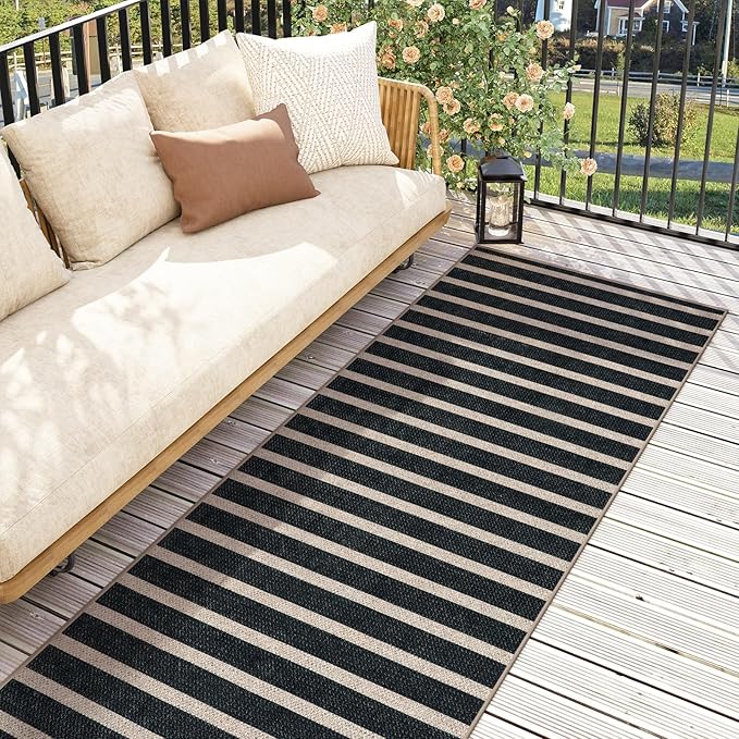 Lahome Striped Easy Jute Kitchen Runner, 2x6 Washable Rug Runners for Hallways Non Slip Entryway Rug, Farmhouse Neutral Indoor Outdoor Black Carpet for Laundry Room Front Porch