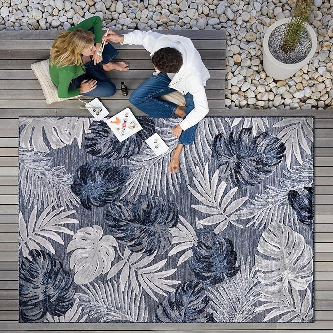 CAMILSON Indoor Outdoor Rug Navy Blue 4x6 Leaf Tropical Botanical Area Rugs for Indoor and Outdoor patios, Easy-Cleaning Non-Shedding Living Room Garden and Kitchen Washable Outside Carpet (4 x 6)