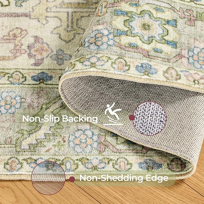 Kokia 8x10 Washable Sage Green Area Rugs with Vintage Orient Design Soft Rug for Living Room or Bedroom Non-Slip Low Pile Stain Resistance Features Distressed Medallion Pattern