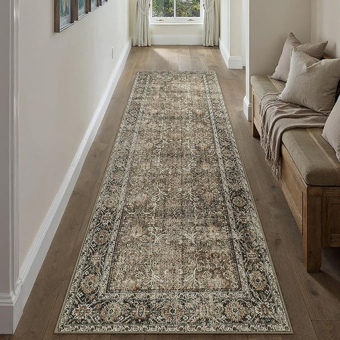 Brown Runner Rug 2'6"x12' Vintage Area Carpet Hallway Long Indoor Kitchen Washable Living Room Low Pile Traditional Distressed Retro Accent Rug Non Slip Laundry Bathroom Office Dining Room