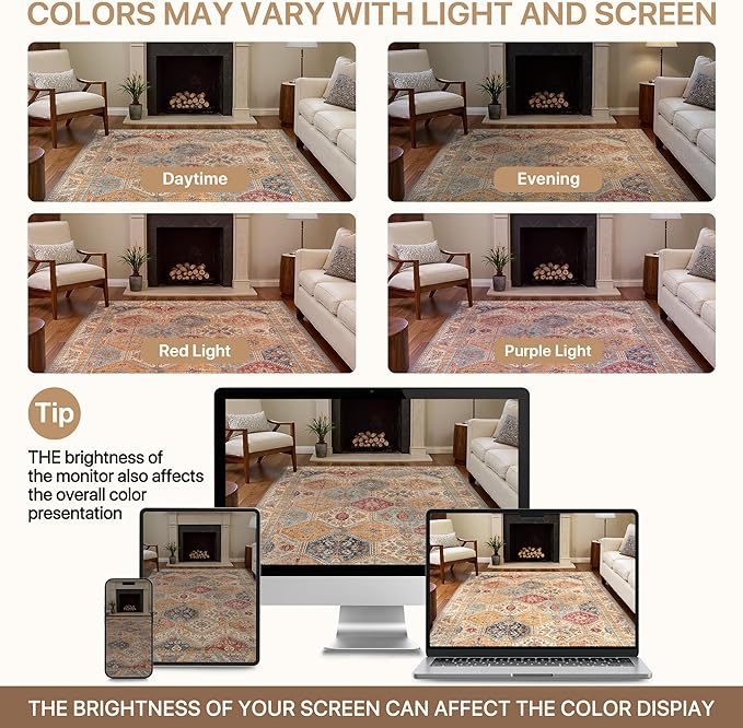 Bavni 6x9 Area Rugs for Living Room, Machine Washable Rug Non Slip, Vintage Chenille Distressed Print Carpet, Large Low Pile Ultra-Thin Lightweight Rugs for Bedroom, Dining Room, Home, Office, Orange
