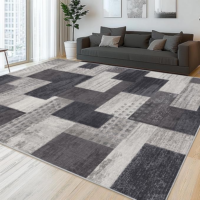 Modern Geometric Patchwork Indoor Area Rug for Living Room, Charcoal 4'x 6' Large Rug Rockwood Collection Hardwood Floors Decor for Bedroom, Grey Throw Carpet for Office Entryway Dining Room