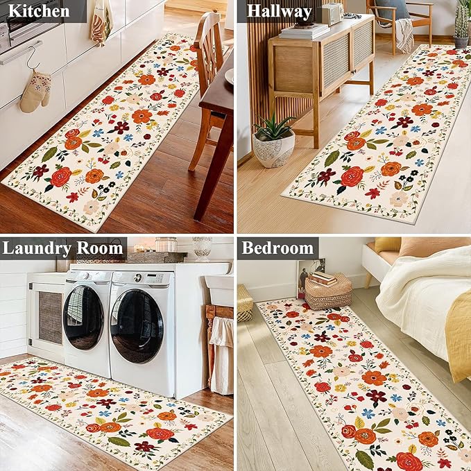 U'Artlines 2'x6' Boho Runner Rug for Hallways Kitchen Colorful Floral Soft Non Slip Washable Floor Carpet Runners for Entryway Laundry Room Bathroom Beige