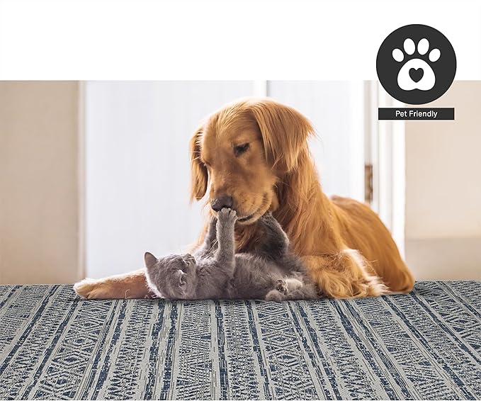 FH Home Flat Woven Outdoor Rug - Waterproof, Easy to Clean, Stain Resistant - Premium Polypropylene Yarn - Striped Boho - Large Patio, Deck, Sunroom - Amman - Blue - 7ft 8in x 9ft 8in