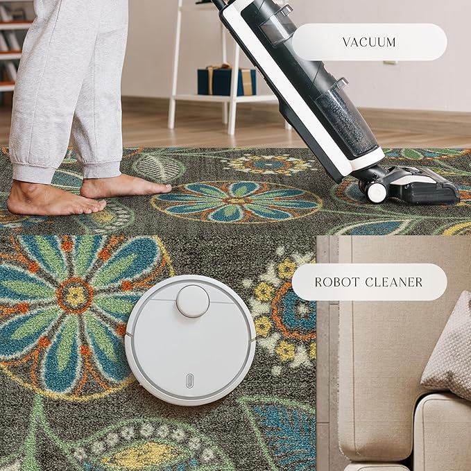 Maples Rugs Reggie Floral Runner Rug - Made in USA - Washable, Non Slip Indoor Carpet for Kitchen, Hallway, and Laundry Room, 2' x 9', Dark Grey