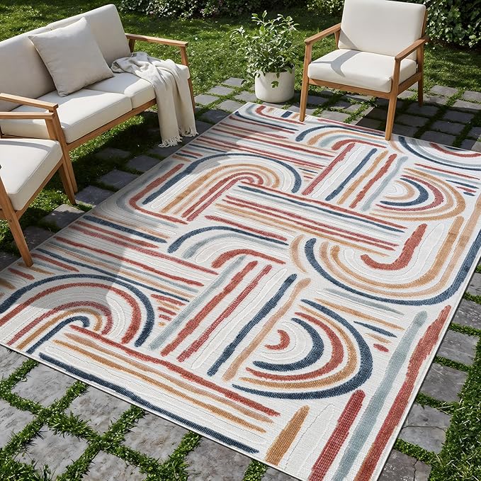 CAMILSON Indoor Outdoor Rug, Multicolor 6x9 Geometric Arch Striped Area Rugs for Patio and Home Areas, Easy-Cleaning Non-Shedding Living Room, Garden and Deck Washable Outside Carpet (6 x 9)