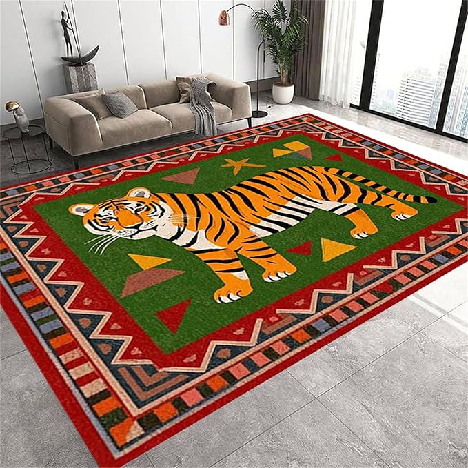 Colorful Tiger Pattern Area Rug, 5x7ft,Stylish Geometric Border Tiger Rug, Add Unique Charm To Your Home,Cute Animal Print Pattern Rugs Suitable for Children's Room Living Room Bedroom Farmhouse