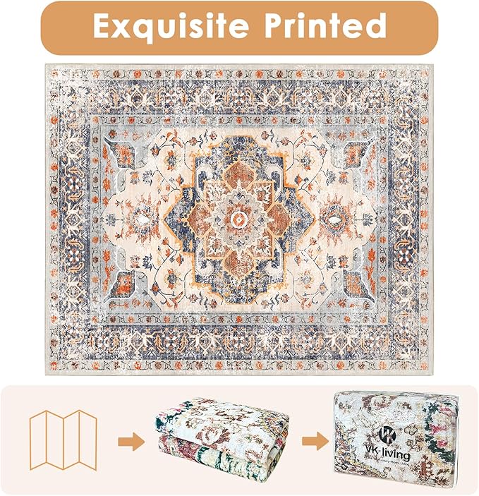 VK VK·LIVING Machine Washable Rug 6'x9' Vintage Design Washable Area Rugs with Non Slip Rugs for Living Room Bedroom Traditional Woven Carpet Stain Resistant, Dining Office Boho Rug, (Bright)