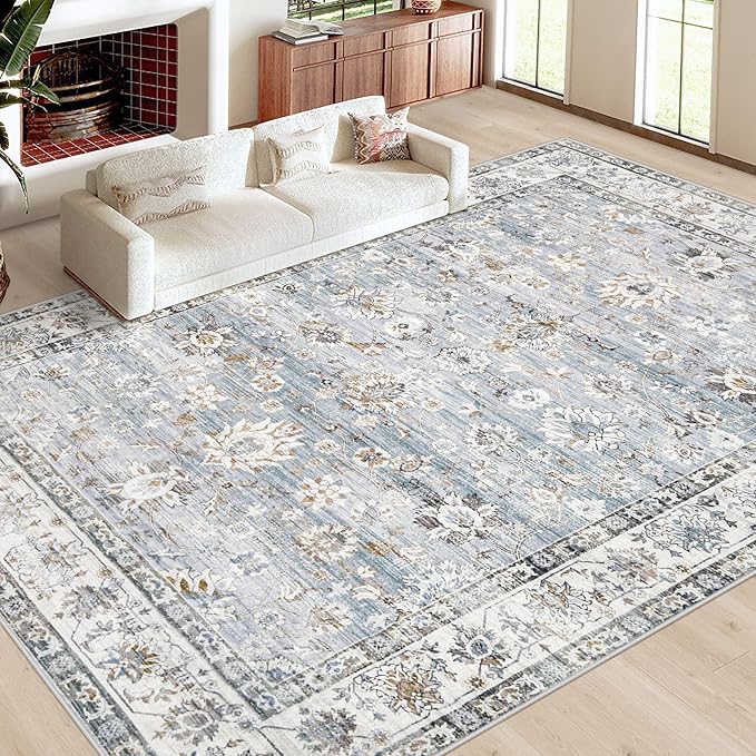 Area Rug 10x12 Living Room Rugs, Machine Washable Vintage Distressed Boho Area Rug Non-Slip Soft Low Pile Large Indoor Rugs for Bedroom Kitchen Dining Room Office(Light Blue,10'x12')