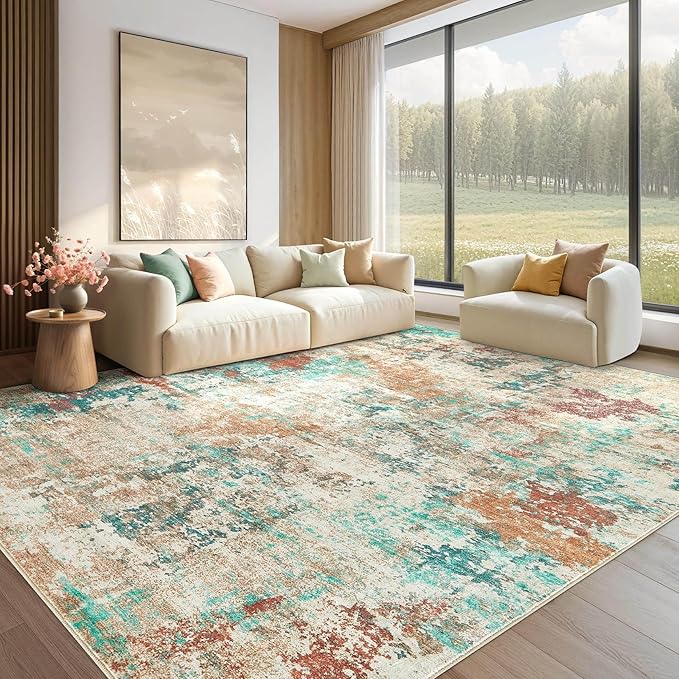 9x12 Christmas Area Rug Living Room Rugs - Washable Neutral Modern Abstract Soft Thin Large Rug Indoor Floor No Slip Rug Carpet for Bedroom Under Dining Table Home Office Decor - Colorful