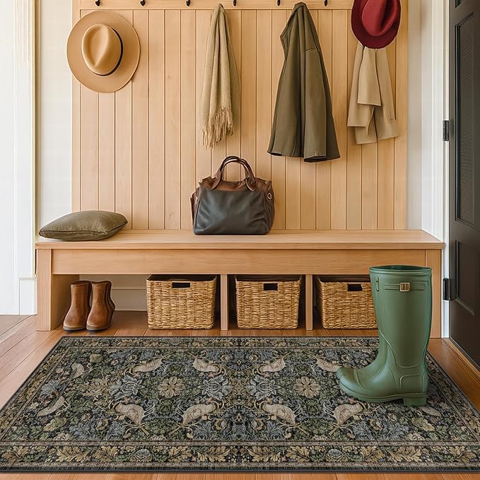 Floral Kitchen Runners - 2x5 Runner Rug for Hallway Bathroom Laundry Room Bedroom Beside Bed Entryway, Boho Birds Leaves Patterned Non Slip Low Pile Washable Rugs