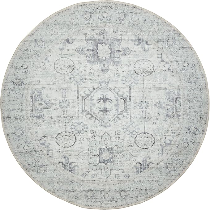 GLN Rugs Traditional Collection - Machine Washable Area Rug, Traditional Washable, Non Slip, Low Pile Chenille Rug, Living Room, Bedroom, Kitchen Rug (5'3" Round Cream/Gray/Sea Salt)