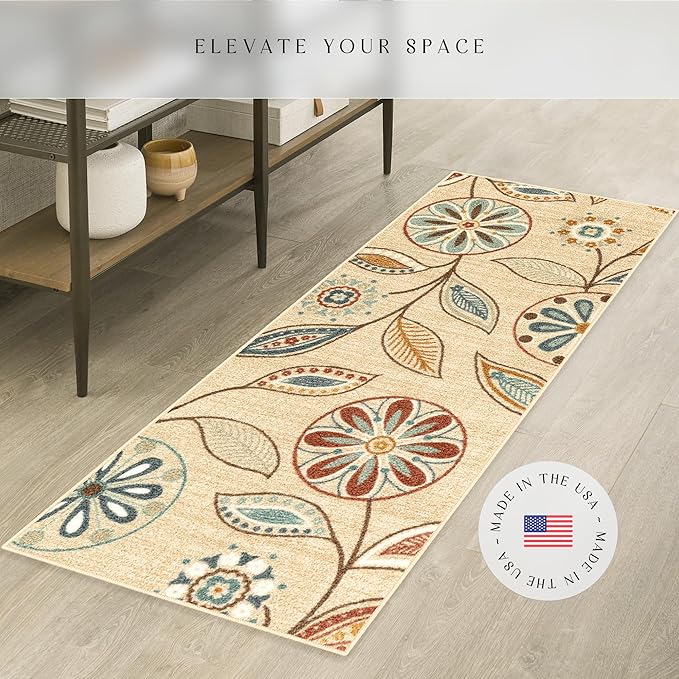 Maples Rugs Reggie Floral Runner Rug - Made in USA - Washable, Non Slip Indoor Carpet for Kitchen, Hallway, and Laundry Room, 1'8 x 5, Beige