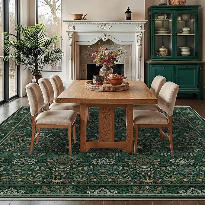 8x10 Floral Washable Area Rugs for Living Room, Vintage Boho Large Rug for Bedroom Dining Room， Distressed Botanical Birds Non Slip Low Pile Animal Throw Carpet for Farmhouse Office, Bright Green