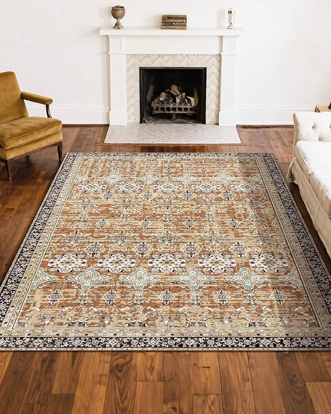 VEVOR 8 x 10 Area Rug, Washable Rug Non-Slip and Tear-Resistant Soft Carpet Pet & Child Friendly, Vintage Area Rugs Indoor Mat for Bedroom Living Room Kids Room Office Brown Green