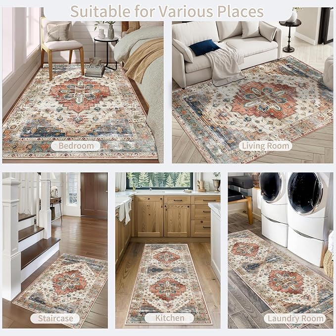 Enkor Area Soft Rugs 6x9 Washable Non Slip Boho Floor Rugs for Living Room Bedroom, Vintage Style Farmhouse Mat for Kitchen Entryway Beige & Red