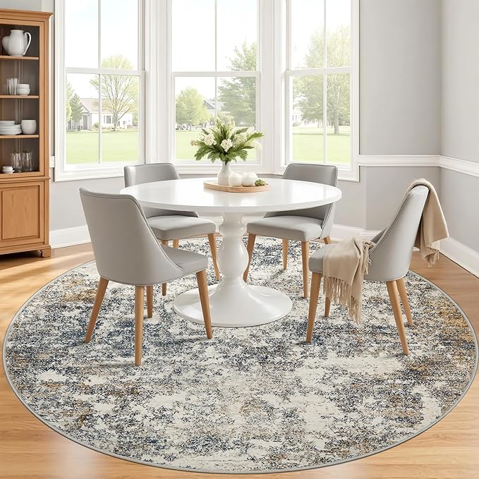 6ft Washable Round Rug - 6x6 Area Rugs Modern Abstract Rugs for Living Room Non-Slip Low Pile Soft Machine Washable Carpet for Bedroom, Living Room, Dining Room, Nursery, Farmhouse (6'x6' Tan Blue)