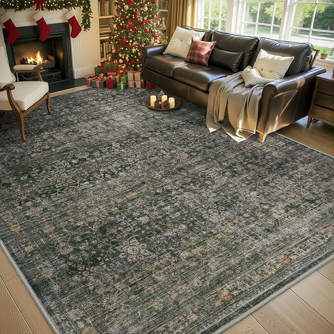 MontVoo-Vintage Area Rug 6X9 Green Rugs for Living Room-Soft Distressed Printed Rugs for Bedroom-Non Slip Carpet-Machine Washable Rug for Dining Room Living Room Bedside Office