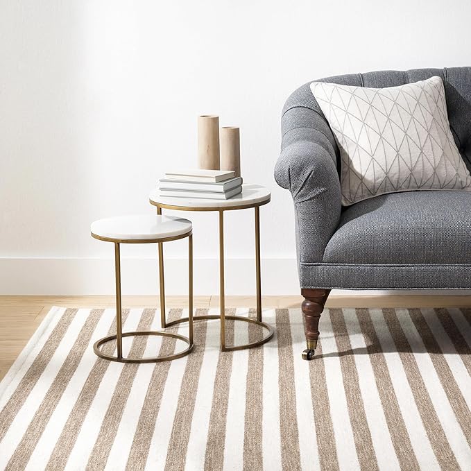 Home Conservatory Ladder Stripe Natural/Ivory Handwoven Wool 5 X 8 Feet, Ivory/Multicolored Stripe Pattern