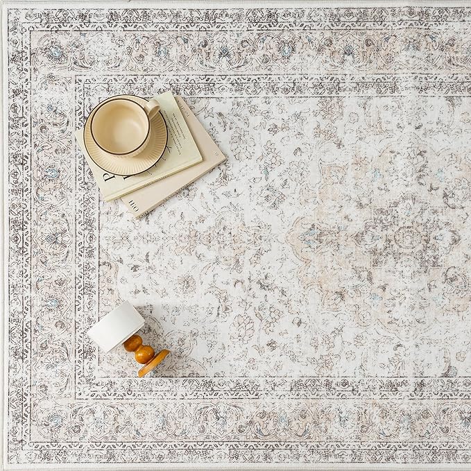 5x7 Washable Vintage Area Rug for Living Room Bedroom Beige Grey Soft Tranditional Non Slip Large Throw Rug Lightweight Floral Low Pile Distressed Carpet Laundry Dining Room Kitchen Office