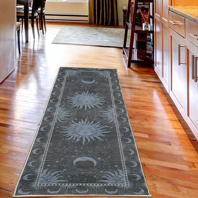 Ambesonne Sun and Moon Decorative Rug, Bohemian Artwork Design of Crescent Solar Ornament Esoteric Stars Ornaments, Quality Carpet for Bedroom Dorm and Living Room, 2' 5" x 7' 5", Pale Blue