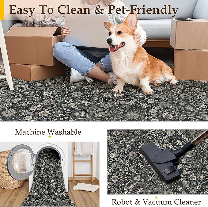 HUGEAR 5x7 Machine Washable Rugs Black Beige Hallway Area Rug Indoor Accent Rug Floral Low Pile Carpet Soft Throw Aesthetic Rug Bedroom Living Room Office Dining Room Laundry Room Non Slip