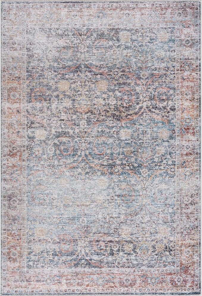 Bloom Rugs Washable Non-Slip 2x3 Rug - Ocean Blue/Brick Traditional Oriental Area Rug for Living Room, Bedroom, Dining Room, and Kitchen - Exact Size: 2' x 3'