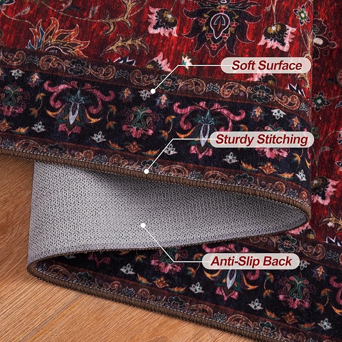 Tangsoo Floral Washable Runner Rug, 2x5 Rug Runners for Hallways Non Slip, Vintage Boho Runner Rug for Entryway Indoor, Blue Print Carpet Runner, Soft Low Pile Runner for Kitchen Bedroom Red