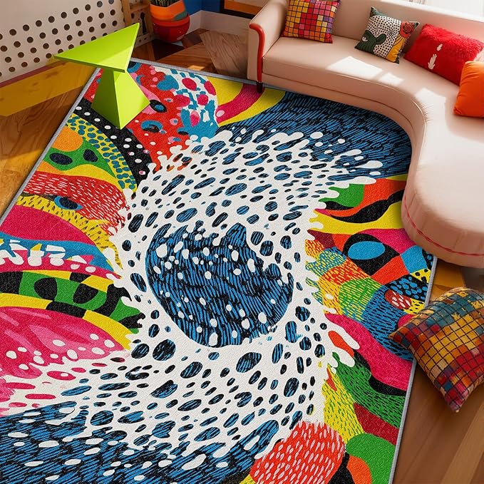 Optical Illusion Area Rugs - Abstract Retro Rug 3x5, Wavy Orange Art Washable Lightweight Carpet Room Decor #C107